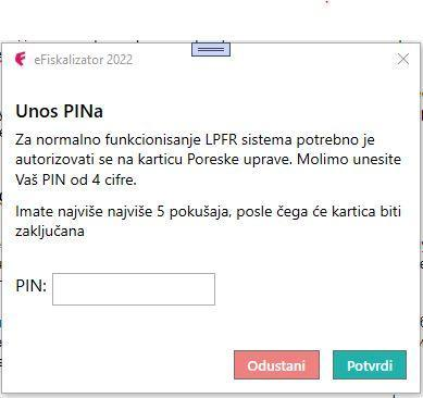 Unos PINa za aktivaciju Bezbednosnog Elementa