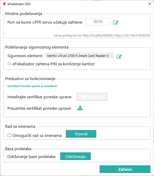Podrazumevani port za eFiskalizator 2022