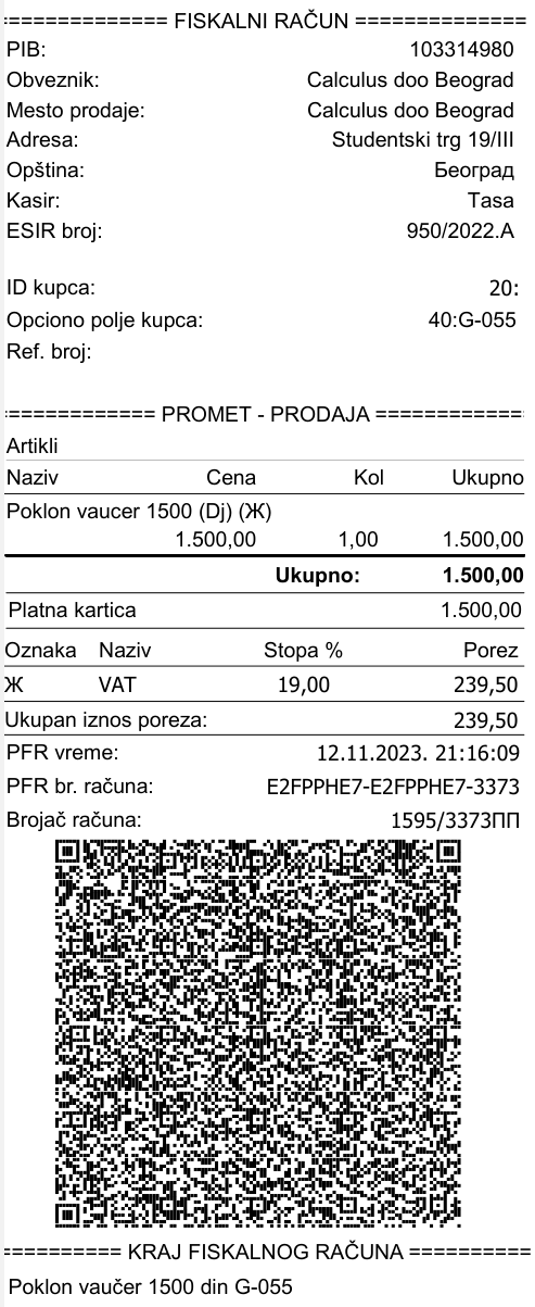 Kasa-račun PROMET - PRODAJA za izdat jednonamenski vaučer