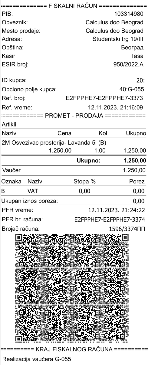 Kasa-račun realizovanog jednonamenskog vaučera - sredstvo plaćanja Vaučer