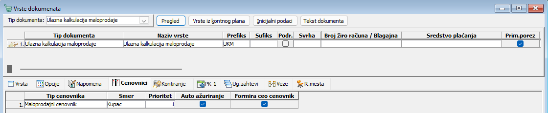 Dodeljivanje cenovnika dokumentu UKM