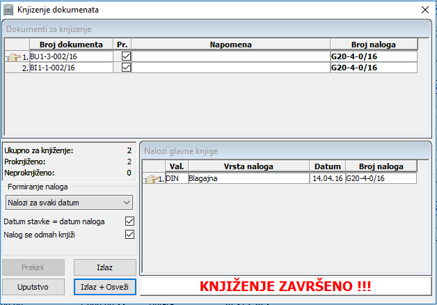 Dnevnik blagajne - dugme Knjiženje