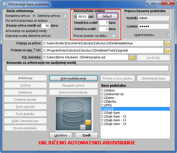 Sekcija dugmadi Automatska arhiva.