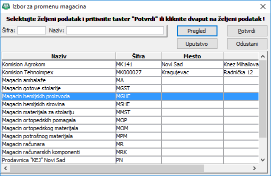 Izbor za promenu magacina