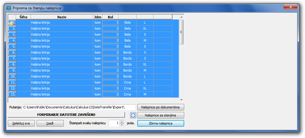 Formiranje datoteke za štampu nalepnica.