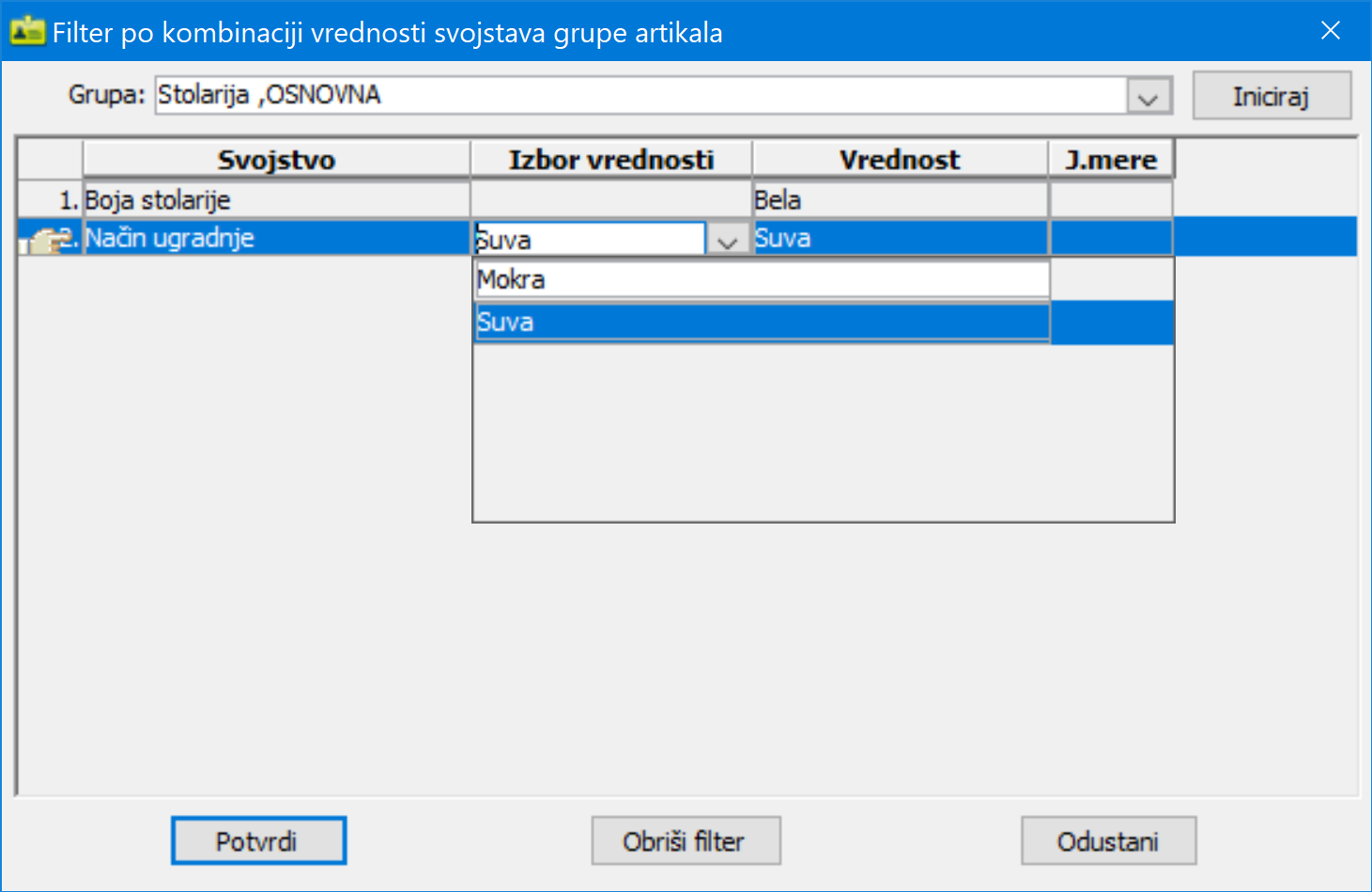 Filter po kombinaciji svojstava grupe artikala, ver9195