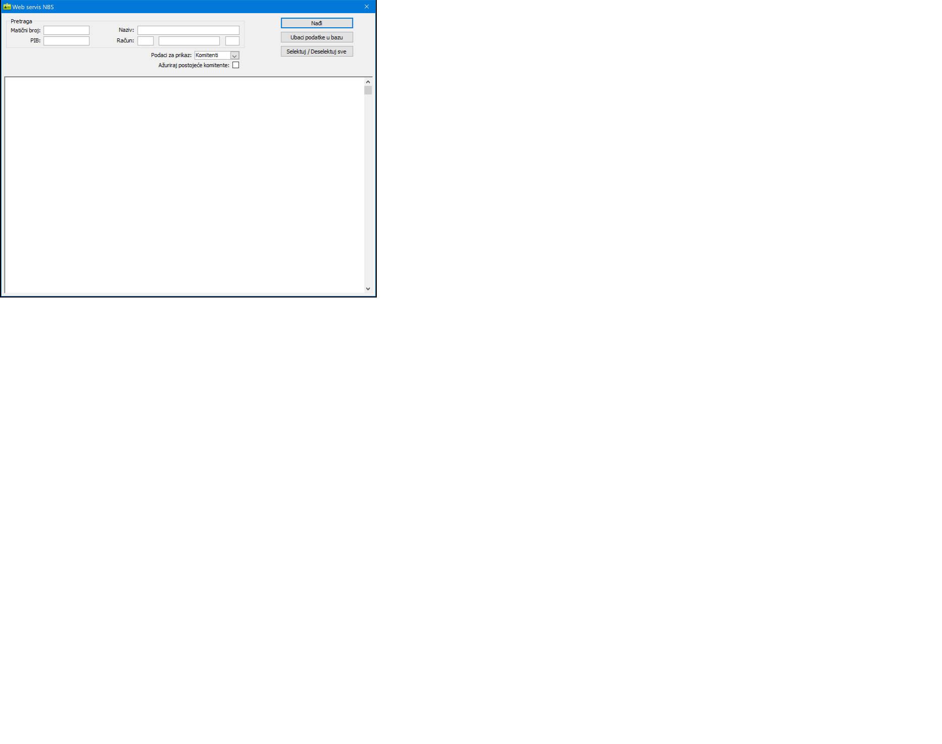 Prazan prozor Web servis NBS