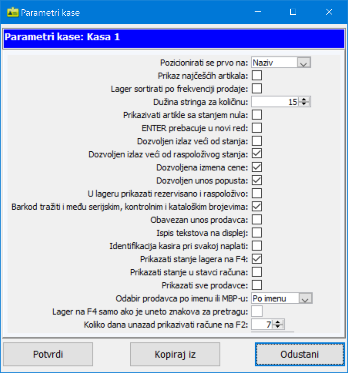 Dijalog Parametri kase