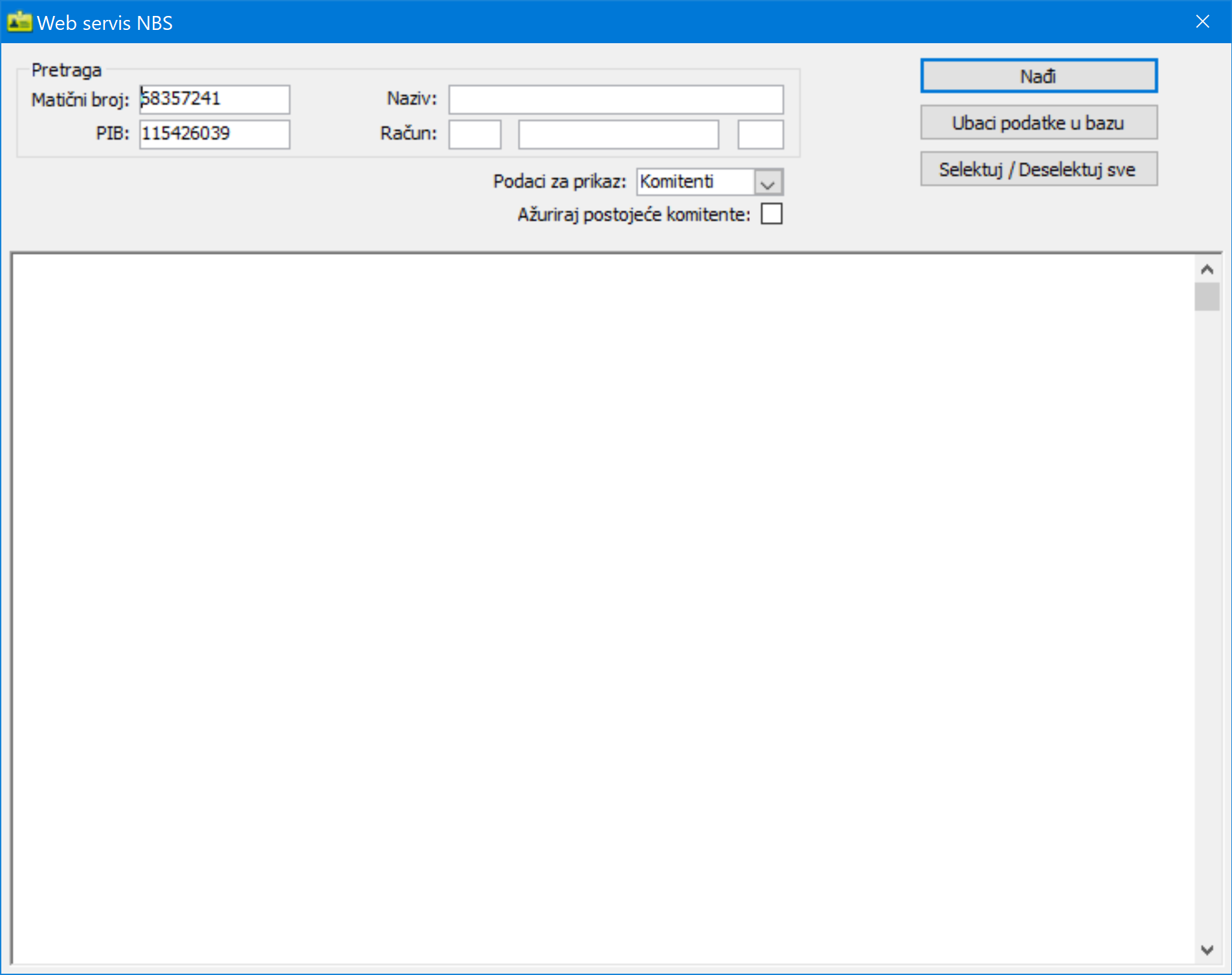 Prozor Web servis NBS, ver9195